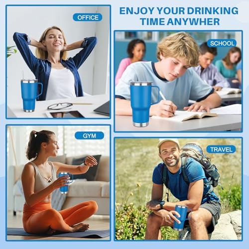Image of 30 oz Tumbler with Handle, Stainless Steel Insulated Tumbler with Lid and Straw, Double Wall Vacuum Coffee Mug Tumbler, Insulated Coffee Thermal Cup for Cold and Hot (Sea Blue)