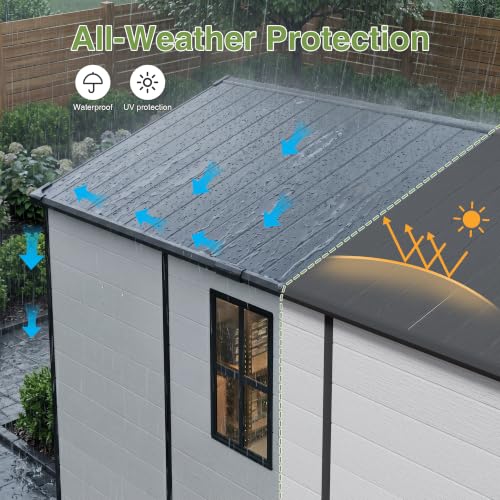 Image of Greesum 8x10FT Resin Outdoor Storage Shed with Floor and Windows, All Weather Plastic Shed with Lockable Door & Vents for Garden, Backyard, Lawn, Light Gray