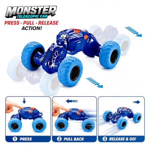 Image of Pull Back Monster Telescopic Stunt Car Toy for Kids 3+ | 360 Flip & Roll Action | Double-Sided Friction Powered Off Road Monster Truck, Random Colour- Pack of 1 (Monster Telescopic Car)