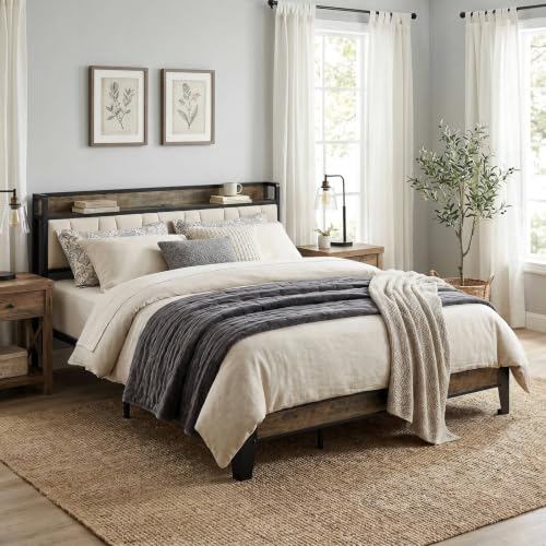 Image of LIKIMIO California King Bed Frame, Storage Headboard with Charging Station, Solid and Stable, Noise Free, No Box Spring Needed, Easy Assembly (Walnut and Beige)