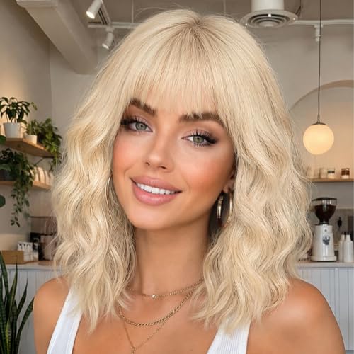 Image of Nnzes Blonde Wigs for Women 16 Inch Synthetic Short Curly Wig with Bangs