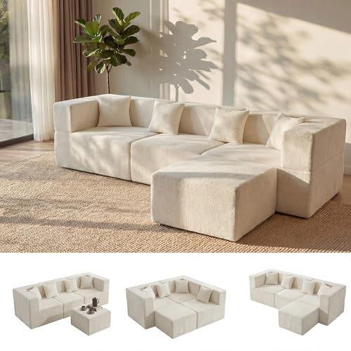 Image of MONVANE 103'' Oversized Boneless Sectional Couches for Living Room, 4-Seat L Shaped Cloud Couch, Modular Sofa with Ottoman & 4 Throw Pillows, Comfy Chenille, No Assembly Required, Beige
