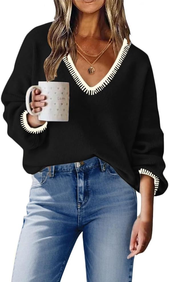Womens Long Sleeve V Neck Sweaters Striped Knit Tops Casual Lightweight Pullover Sweater Womens Long Sleeve V Neck Sweaters Striped Knit Tops Casual Lightweight Pullover Sweater