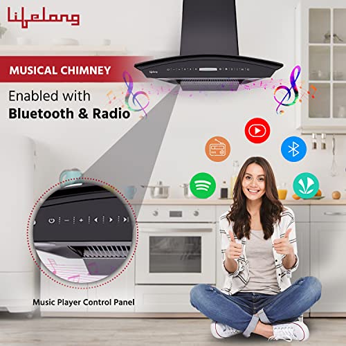 Image of Lifelong Filterless Auto Cleaning Kitchen Chimney with Music Playback | 1400 m3 /hr Suction | Radio & Bluetooth Connectivity | Touch + Motion Sensor | Dual LED Light | Curve-Shape (60cm, Black)