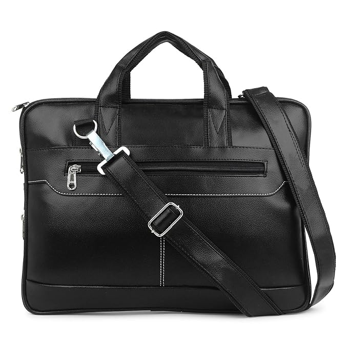 Premium Black Leather Laptop Messenger Bag – Stylish & Durable Sleek Laptop Bag – Perfect for Professionals Size L-16 x H-12 x W-2 inch with adjustable shoulder strap-image-0