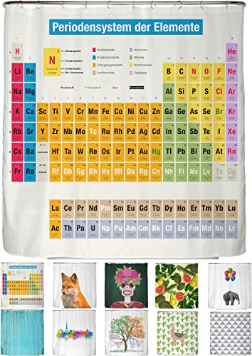 arteneur® - Periodensystem Deutsch - Anti-Schimmel Duschvorhang 200 x 200 - Recycelt mit Öko-Tex Standard 100 - Beschwerter Saum, Blickdicht, Wasserdicht, Waschbar, 12 Ringe und E-Book