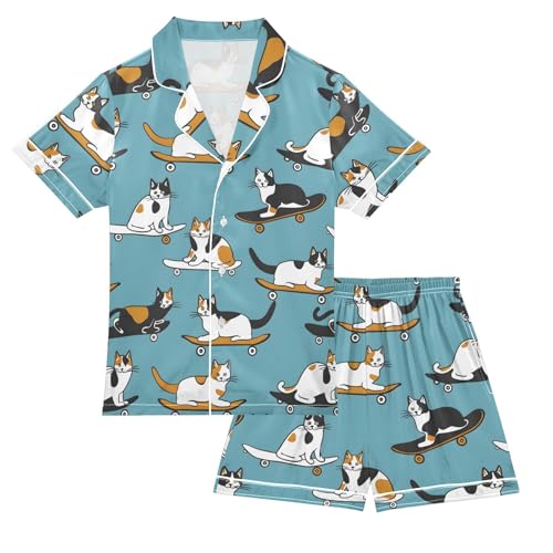 ALAZA Cat Skateboard Kitten Satin Pajamas Set Short Sleeve Button Down Sleepwear Summer Pjs 2 Piece