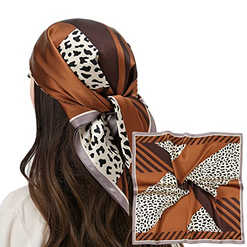 RIIQIICHY 100% Silk Square Scarf 27x27 - Brown Leopard