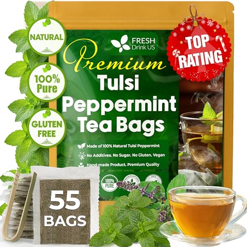 Image of FreshDrinkUS, Premium Tulsi Peppermint Herbal Tea - 55 Tea Bags, 100% Natural, Blend of Tulsi Holy Basil Leaves, and Peppermint Leaves. Made with Natural Material Tea Bags. No Sugar, Vegan.
