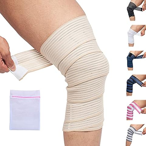 360 RELIEF - Compression Adjustable Knee Support Brace Anti-Slip Wrap Bandage | Sprains, Bruised, Muscles Strain Prevention Rehab Recovery | Beige with Mesh Laundry Bag Cover