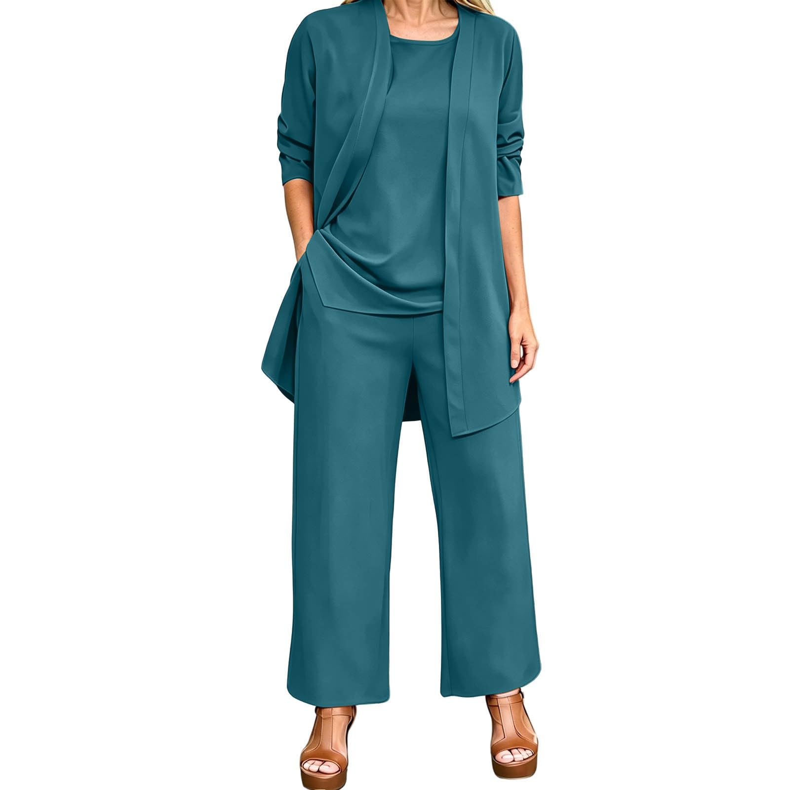 Hosenanzug Damen Festlich Elegant 3 Teiliges mit Cardigan,Oberteil und Hose Abendanzug Set Modern Freizeitanzug Große Größen Anzug Hochzeit Hosenanzüge Casual Sportlich Outfit Leicht Sommer Dreiteiler