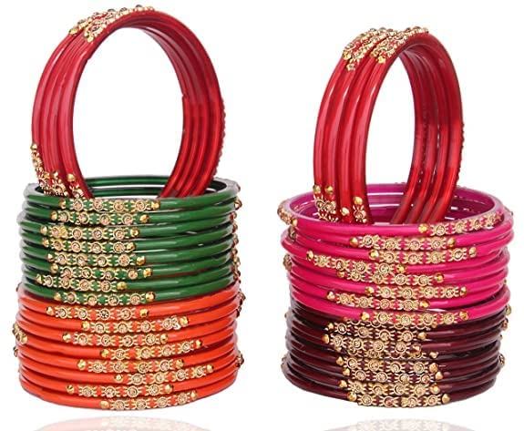 Image of NMII Glass with Zircon Gemstone and Beads Studded Bangle set for Women and Girls