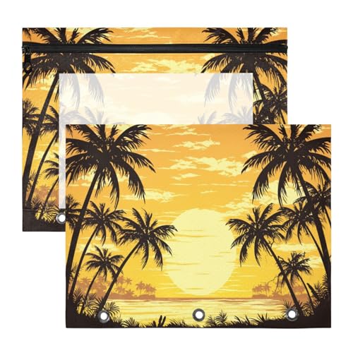 ATTX Pacote com 2 bolsas para fichário de palmeiras do pôr do sol - Bolsa impermeável com zíper com 3 anéis com janela transparente, acessórios de material de escritório para estojos de lápis e