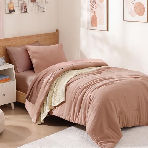 Image of Twin XL Comforter Set- 5 Pieces Prewashed Bed in a Bag Twin Bedding Sets | Soft All Season Comforter with Sheets, Pillow Sham & Pillowcase,Clay Pink
