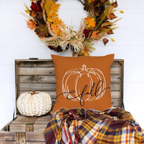 GEEORY Fall Decor Pillow Covers 18x18 Set of 4 Hello Pumpkin Orange Stripes Fall Pillows Decorative Throw Pillows Outdoor Farmhouse Thanksgiving Decorations Cushion Case for Couch Sofa