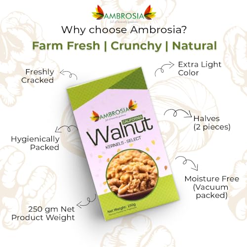 Image of Ambrosia California Walnut Kernels (Akhrot Giri) 250g | Extra Light Halves | Premium Shelled Walnuts | Healthy Dry Fruits | Rich in Omega-3