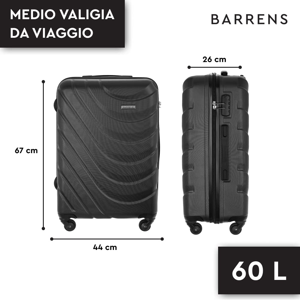 BARRENS Valigia media | Bagaglio da stiva | 67x46x26 cm | 63 L | Valigia da viaggio Cipher Lock | Ruote 4x360 | Custodia rigida | Compatibile con le compagnie aeree | Nero