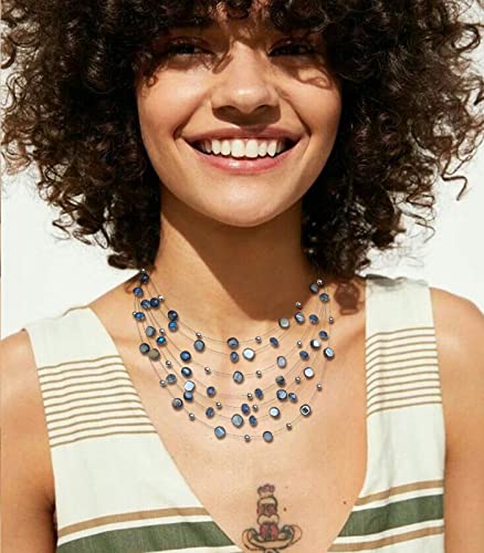 Multi-Layer Boho Shell Beaded Necklace for Women Colorful Crystal Strand with Silver Beads Statement Collars Necklace and Earrings Costumes Jewelry Sets for Women3