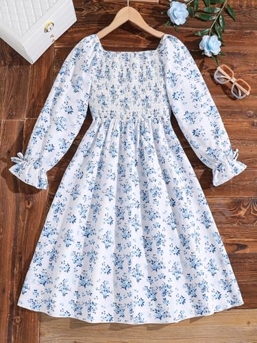 Girl's Floral Smocked A Line Midi Dresses Bowknot Long Sleeve Square Neck Ruched Dresses2