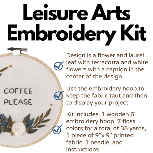 Image of Leisure Arts Embroidery Kit 6 inch Coffee Please - cross stitch kits for beginners - embroidery kit for beginners - embroidery kits for adults - embroidery kits for adults