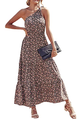 PRETTYGARDEN Women's Summer Floral One Shoulder Maxi Dress Knot Ruffle Boho Beach Vacation Wedding Guest Long Sun Dresses(Coffee Pink,Medium