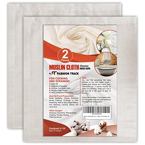 Fashion Track Muslin Cloths for Cooking, Cheese Cloths for Straining, Baking and Filtering - Pack of 2 (50 x 50cm) - Grade 90 - Lint-Free 100% Unbleached Cotton Reusable Fabric by The Metre UK Cover