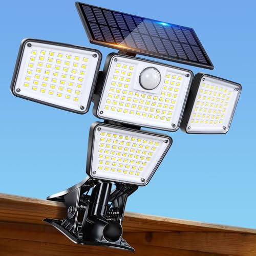 Clip on Solar Lights for Fence, 1Second Installation Motion Sensor Security Lights with Remote Control, 270°Wide Angle, High Bright Solar Lights Outdoor Waterproof for Gutter Yard Patio (1,4side)