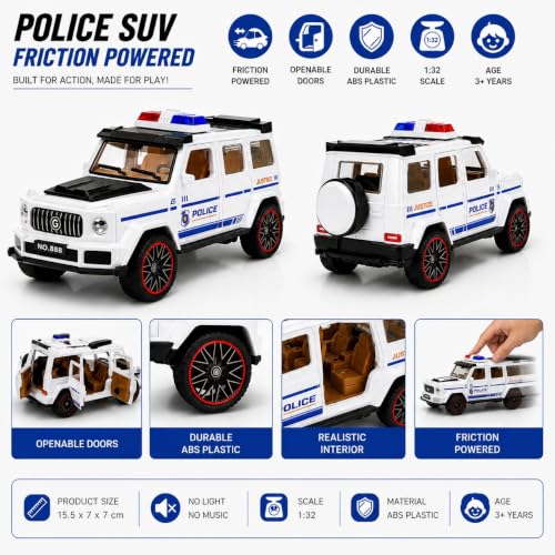 Image of 1:32 Scale G-Wagon Police Toy Car - Friction Powered ABS SUV with Openable Doors - Mini Collectible Police Vehicle for Kids, Boys & Enthusiasts (White)