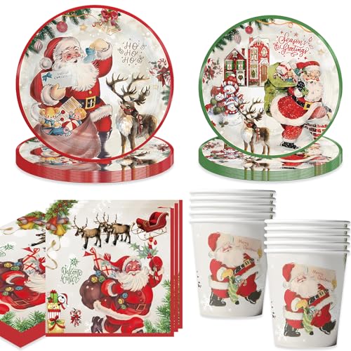 Bikasun Weihnachten Partygeschirr Set, Weihnachts Pappteller Tassen Servietten Weihnachten Party Deko, Weihnachtsmann Elch Schneeflocke, Severs 10 Gäste, Weihnachten Geschirr Set