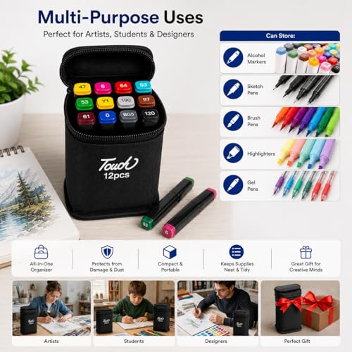 Image of Dual Tip Colorful Art Markers Sketch Pens Colors With Carrying Case For Painting Sketching Calligraphy Drawing -Twin Head Permanent Colouring Marker Pens (Pack OF 1) (Marker Black 12)