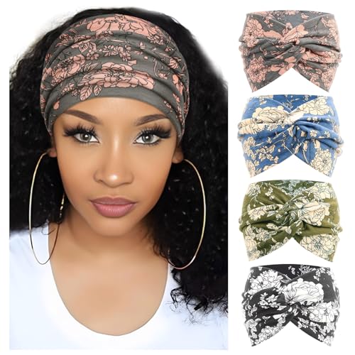 Image of DRESHOW 4 Pack Turban Headbands for Women Wide Vintage Head Wraps Knotted Cute Hair Band Accessories
