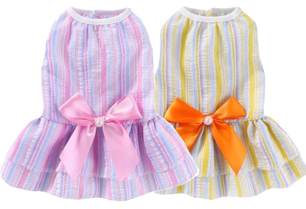 KUTKUT Set of 2Pcs Small Dog Dress Cute Bowknot Puppy Kitten Dress Striped Summer Dog Clothes for Small Dogs Girl Chihuahua Female Cat Yorkie Pug Birthday Outfit (Size: S, Chest: 35cm) (B0DCC8ZYHN) Amazon Price History, Amazon Price Tracker