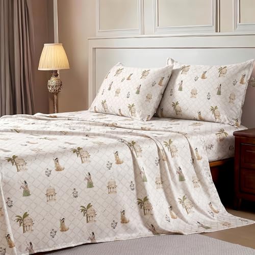 Image of Ishro Home Premium Bedsheet for Double Bed with 2 Pillow Covers - Cloud Cotton Bedsheet, Soft, Silky Smooth & Wrinkle Resistant, Luxury Printed Design (Flat Double Bed Size, Jaipur Court)