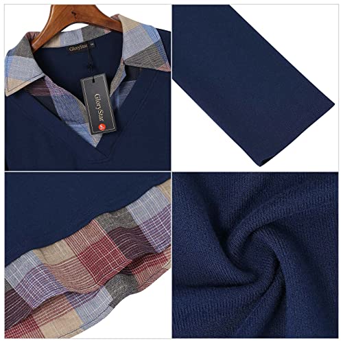 GloryStar Women's Long Sleeve Contrast Collared Shirts Patchwork Work Blouse Tunics Tops4