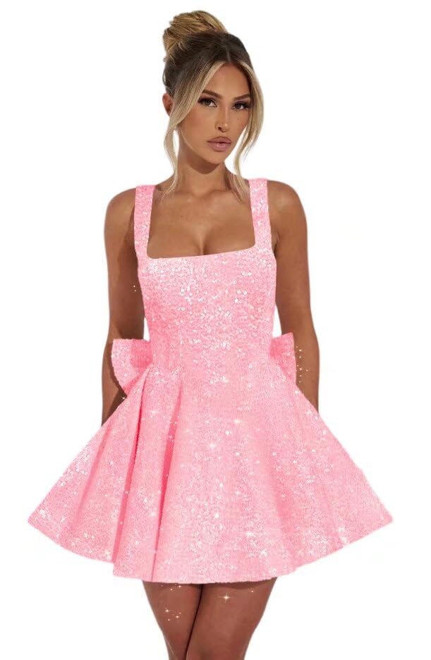 Dessiny Square Neck Sequin Homecoming Dresses Spaghetti Strap Cocktail Party Dresses with Bow DE334