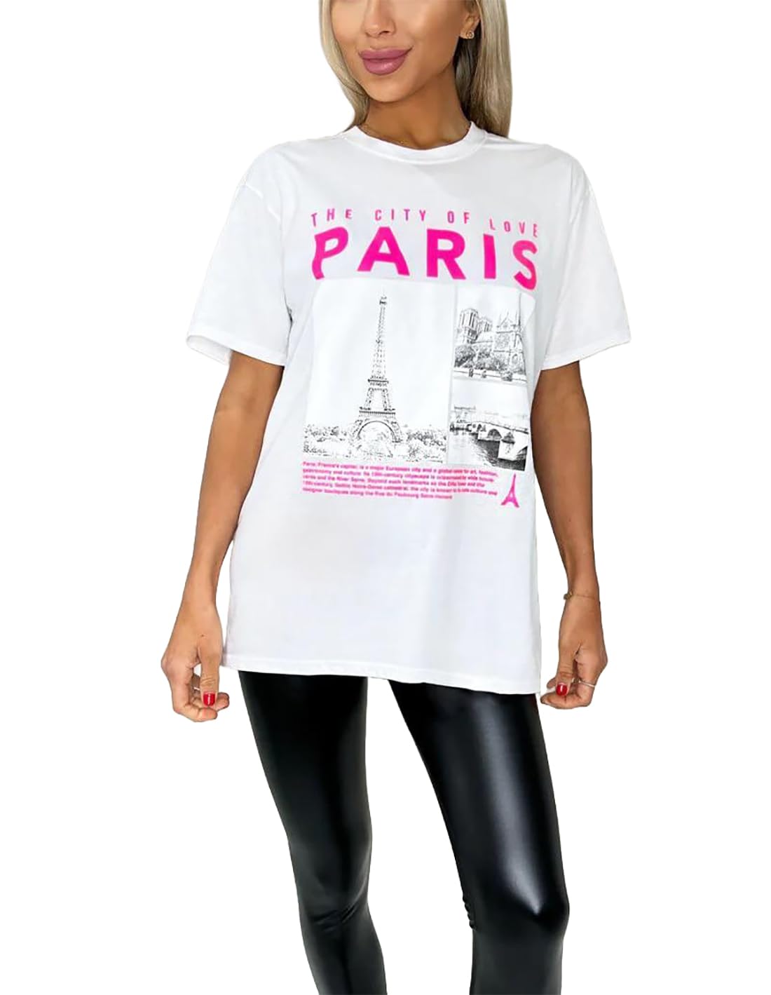 asfashion online Womens Short Sleeve The City of Love Paris Printed T Shirt Ladies Loose Fit Crew Neck Summer Tops (White UK 16-18)