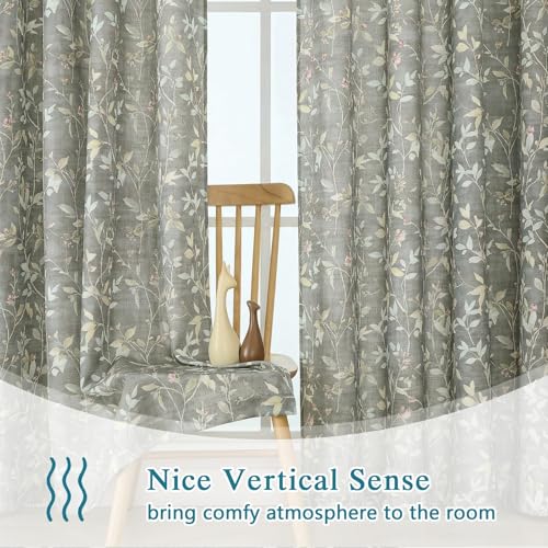 Image of Chyhomenyc Linen Blend Window Curtains 63 Inch Length 2 Panels, Light Filtering Floral Printed Curtain Drapes for Living Room, Rod Pocket Soft Bedroom Curtain Panels, 38Wx63L Inch, Grey