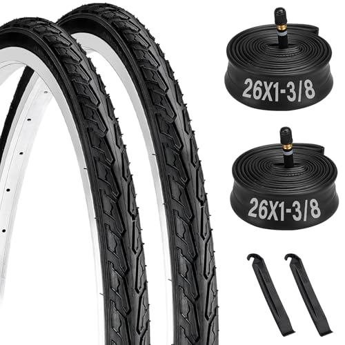 2 PCS 26x1 3/8 (37-590) Road Bike Tires, 26 x 1 3/8 Bicycle Tire and Tube with Schrader Valve, 26 Inch Folding Replacement Bike Tires with Tire Levers for Urban City Commuter/Cruiser Bikes