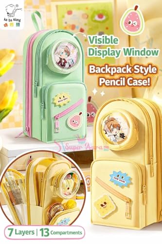Image of Cute Multi-Layer Pencil Pouch for Girls & Boys, 7 Compartments 13 Slots Large Capacity Pencil Case with Transparent Window & Patch, Hanging Loop School Organizer