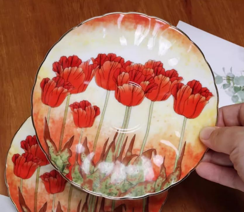 Handgefertigtes Kaffeetassen- und Untertassen-Set aus Keramik mit roten Mohnblumen Keramik Kaffee-/Teetasse und Untertasse Teller Hafermilchbecher Hochzeitsgeschenk