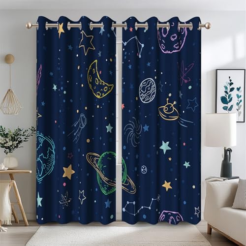 Ttincceer Cortinas de blackout marino con temática de estrellas y planetas de dibujos animados para habitación infantil, cortinas espaciales con ojales para dormitorio, decoración de habitación de
