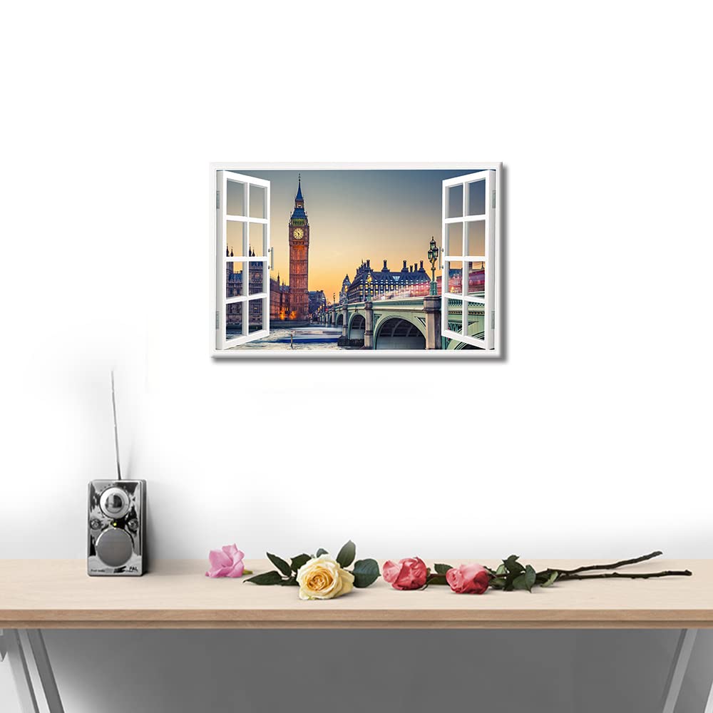 Window View Canvas Wall Art London England Big Ben Natural Scenery Photography Canvas Print Art for Living Room Office Bedroom Dining Room Wall Decor Stretched and Framed Ready to Hang - Image 3