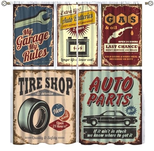 VUMIVI 1950s Vintage Garage Curtains Rustic Garage Repair Poster Gas Tires Batteries Window...