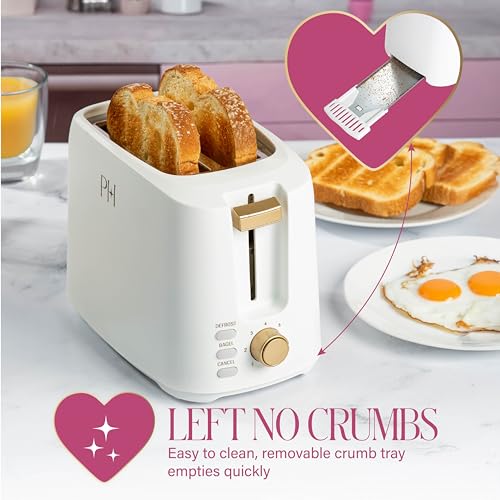 Paris Hilton 2-Slice Toaster, Extra-Wide Slots, 7 Browning Settings, Bagel & Defrost Functions, Removable Crumb Tray, White - Image 5
