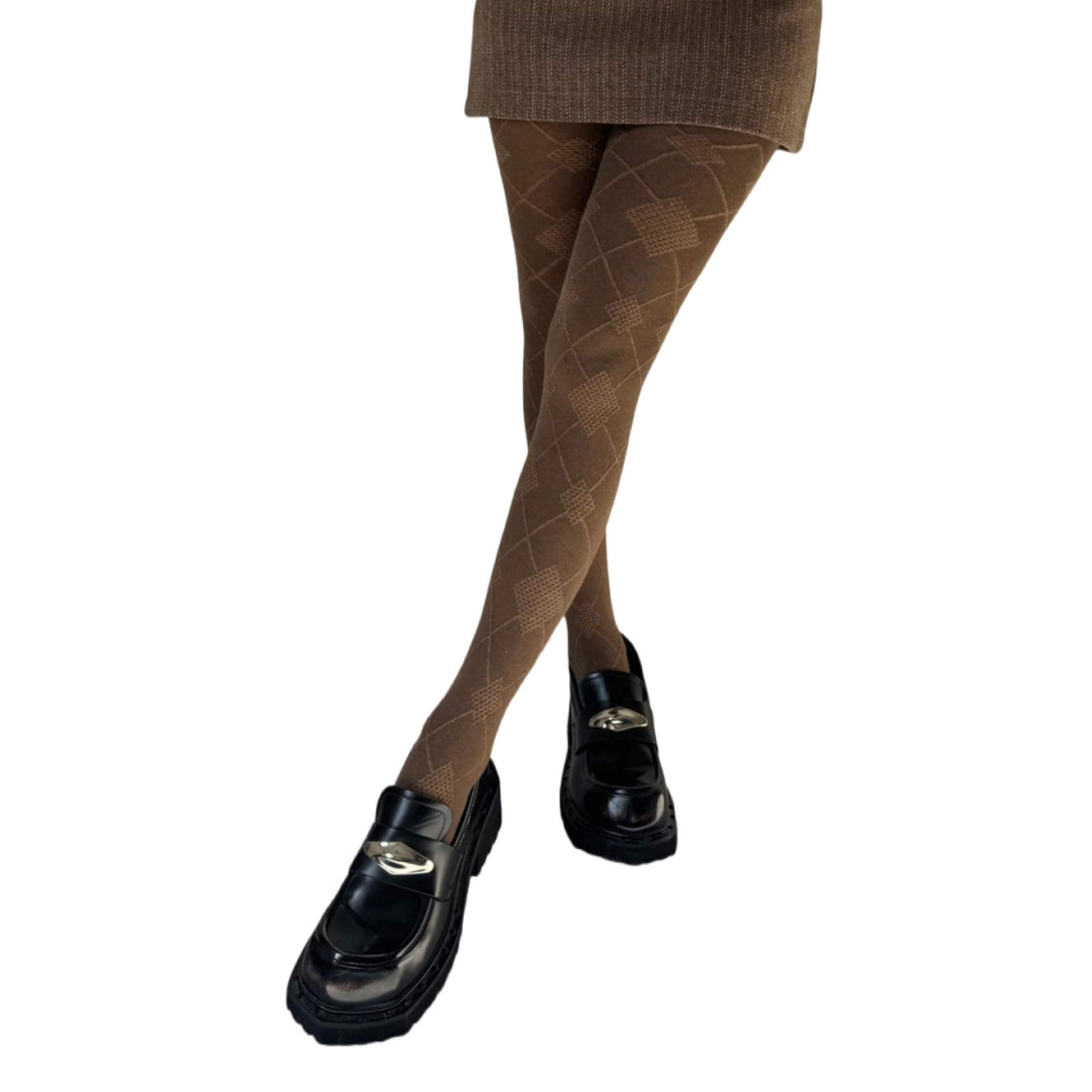 Alloneslife Women's Coffee Vintage Argyle Pattern Cotton Tights For Breathable Leggings Winter Fall Solid Color Opaque Pantyhose Stockings(Coffee)