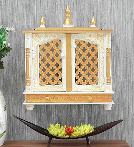 Craftlia Handpainted Temple Wooden Puja Mandir (Dimension- Outer: 20 X 12 X 24 Inch; Inner: 18 X 11 X 11 Inch, White Gold)