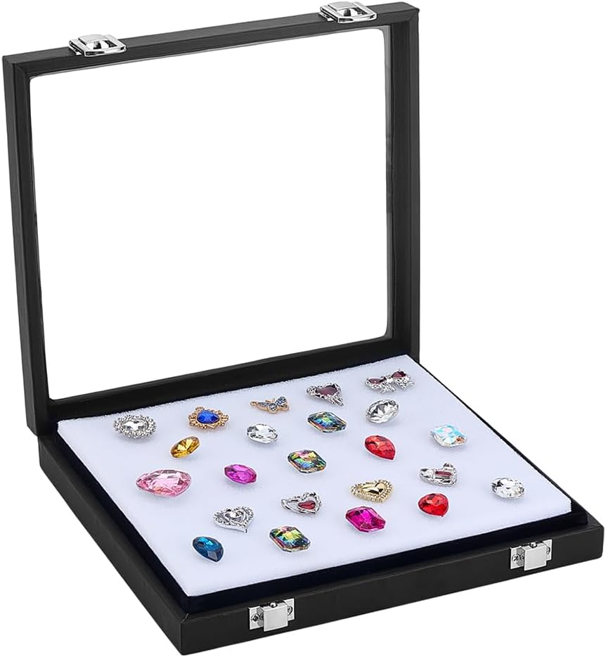 PH PandaHall Diamond Storage Box Leather Jewelry Display Case Gemstone Display Box Gem Containers Boxes Glass Top Jewelry Organizer with Sponge and Clasp for Collectible Rhinestone Crystal Showcase