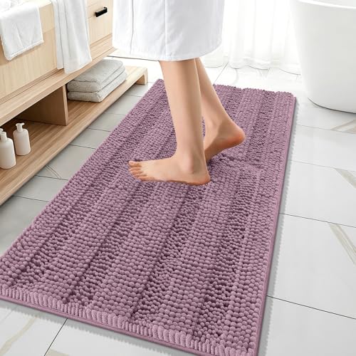 Image of OLANLY Thick Bathroom Runner Rugs 47x20, Extra Absorbent Chenille Striped Bath Rugs, Rubber Backing, Machine Wash Dry, Long Bath Mats for Bathroom, Tub and Shower, Home Decor Accessories, Deep Plum
