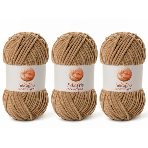 Image of Chenille Yarn for Crocheting, Size 5 Bulky,3 Deep Khaki