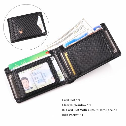 Leather Bat ID Wallet for Men and Women - Unique Slim Bifold Super Hero Face Eyes Cutout Card Holder for Dad, Son, Husband, Boyfriend – Perfect Birthday Father’s Day Holiday Gift (Black Carbon Fiber)3